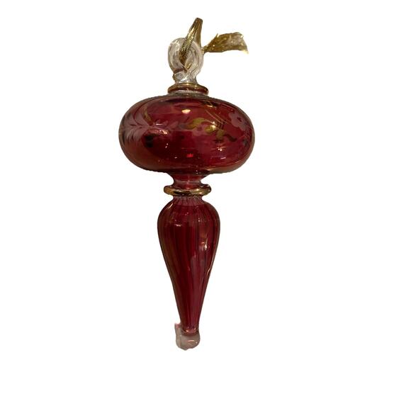 Vtg Art Glass Handblown Finial Cranberry Gold Etched Flowers Christmas Ornament
